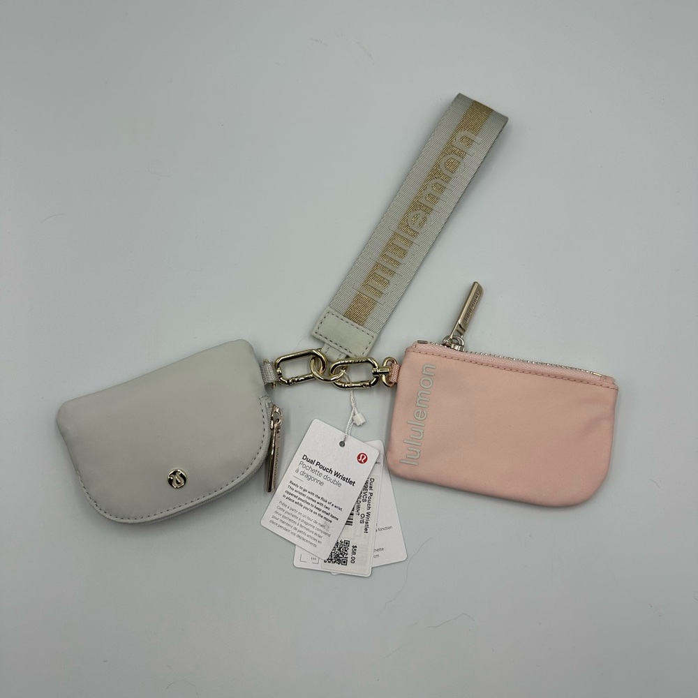 Lululemon Dual Pouch Wristlet Wordmark Vapor/Gold/White Rare Travel Girlie NWT